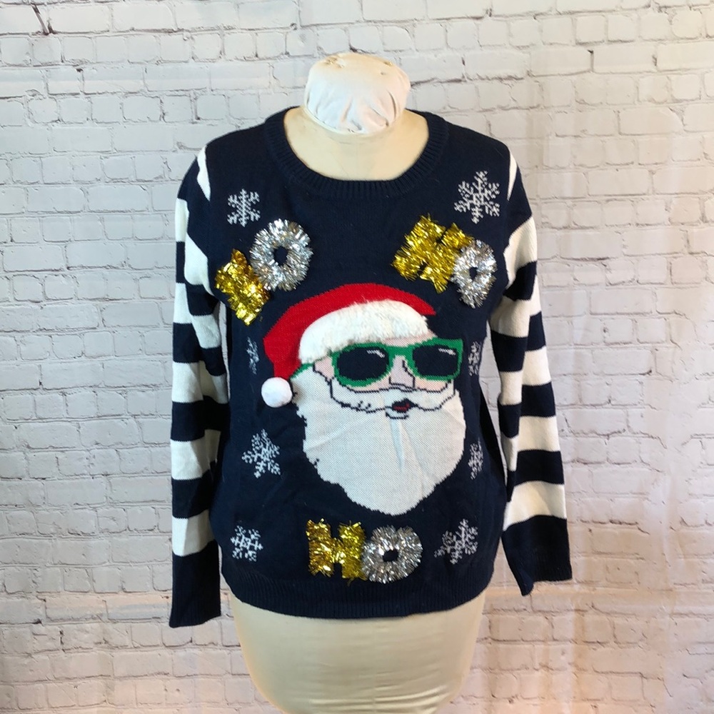 NoBo Cool Santa Embellished Christmas Sweater Ugly Blue  XL